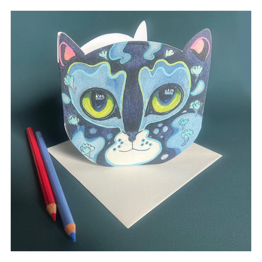 Prussian Blue Cat Face - Die Cut Card - Greeting Card  - Daniel Mackie Designs 13 cm sq wrapped in cello with envelope