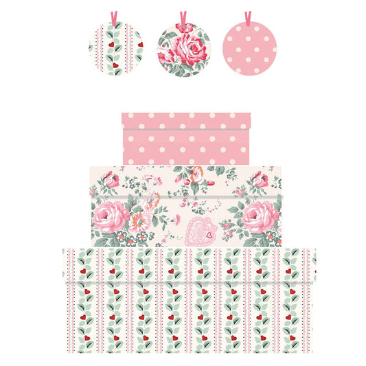 Cath Kidston Rose Heart Stripe Floral Nest of 3 Boxes Size: small 165 x 50 x 110mm Medium: 230 x 90 x 165mm Large: 310 x 130 x 225mm