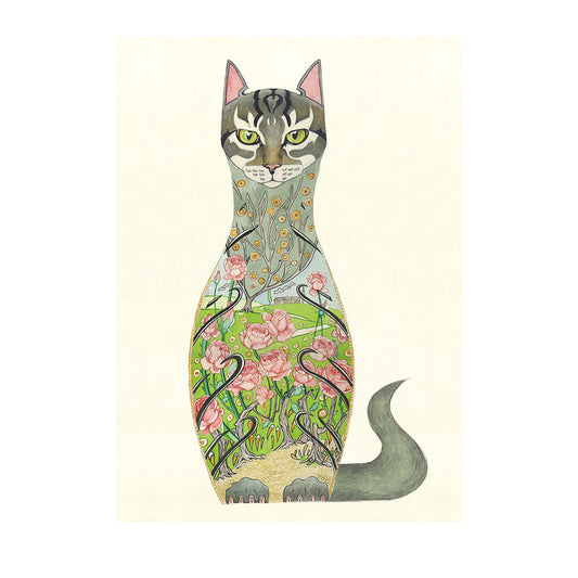 Cat in a Rose Garden Greeting Card by Daniel Mackie - 7 x 5 inches with envelope