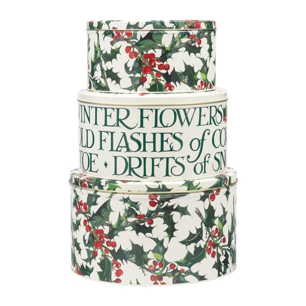 Emma Bridgewater Holly Christmas Set of Three Round Cake Tins 250 (d) x 150mm 223 (d) x 120mm 195 (d) x 105mm