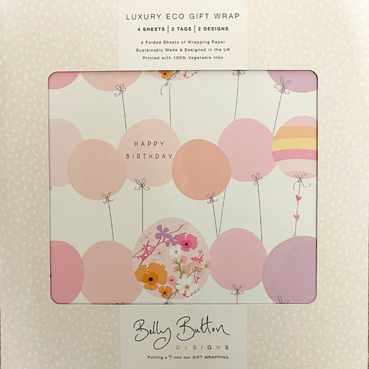 Pink Stripes & Balloons Happy Birthday Flat Wrap Pack 4 sheets x 2 designs 2 pop out tags Wrap sheet size 690 x 495mm