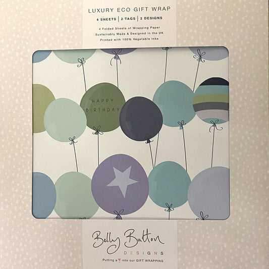 Blue Stripes & Balloons Happy Birthday Flat Wrap Pack 4 sheets x 2 designs 2 pop out tags Wrap sheet size 690 x 495mm 495mm