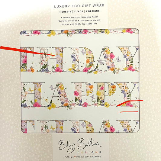 Letters & Flowers Happy Birthday Flat Wrap Pack 4 sheets x 2 designs 2 pop out tags Wrap sheet size 690 x 495mm