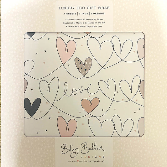 Hearts & Spots Love Flat Wrap Pack 4 sheets x 2 designs 2 pop out tags Wrap sheet size 690 x 495mm