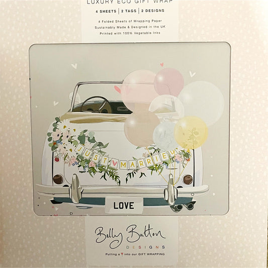 Wedding Car & Balloons Flat Wrap Pack 4 sheets x 2 designs 2 pop out tags Wrap sheet size 690 x 495mm