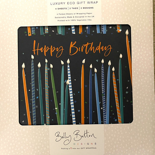 Candles & Confetti Birthday Flat Wrap Pack 4 sheets x 2 designs 2 pop out tags Wrap sheet size 690 x 495mm