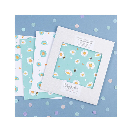 Blue & White Daisies Flat Wrap Pack 4 sheets x 2 designs 2 pop out tags Wrap sheet size 690 x 495mm