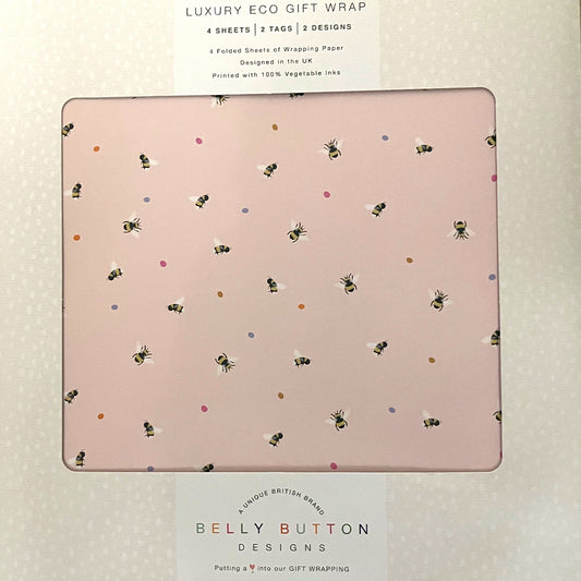 Ditsy Florals and Bees Flat Wrap Pack 4 sheets x 2 designs 2 pop out tags Wrap sheet size 690 x 495mm