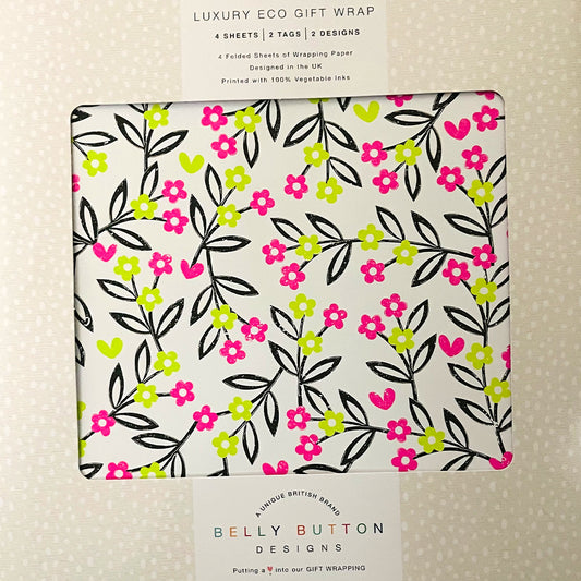 Floral Woodcut Flat Wrap Pack 4 sheets x 2 designs 2 pop out tags Wrap sheet size 690 x 495mm