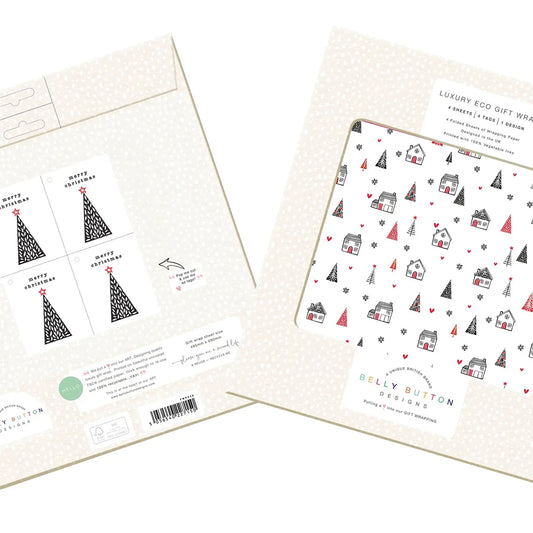 Woodcut Christmas Flat Wrap Pack 4 sheets x 2 designs 2 pop out tags Wrap sheet size 690 x 495mm