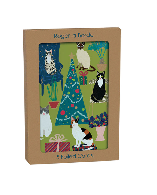 Chou Chou Chat Cat Foiled Christmas Card Roger la Borde in Kraft Box 5 pack 170 x 120 mm