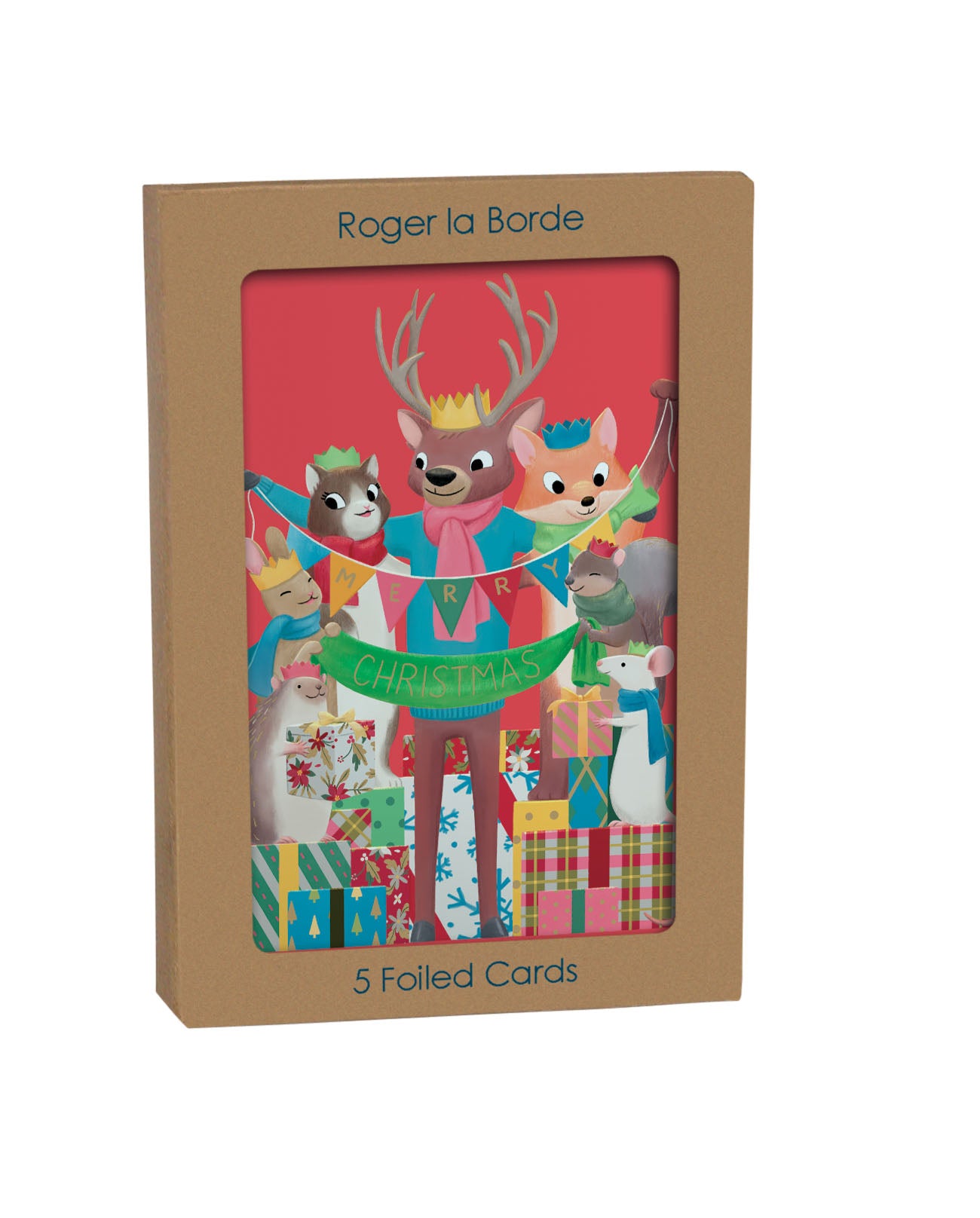 Chou Chou Animal Presents Foiled Christmas Card Roger la Borde in Kraft Box 5 pack 170 x 120 mm
