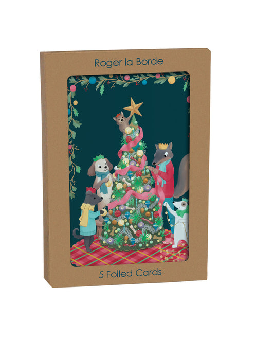 Animal Tree Foiled Christmas Card Roger la Borde in Kraft Box 5 pack 170 x 120 mm