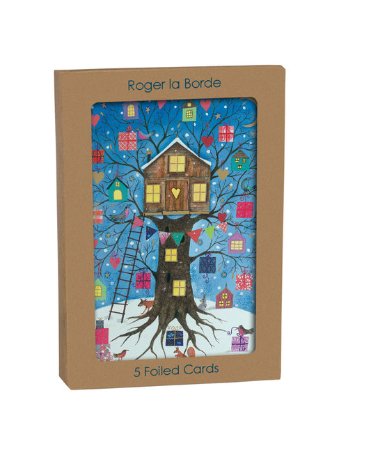 Treehouse Foiled Christmas Card Roger la Borde in Kraft Box 5 pack 170 x 120 mm