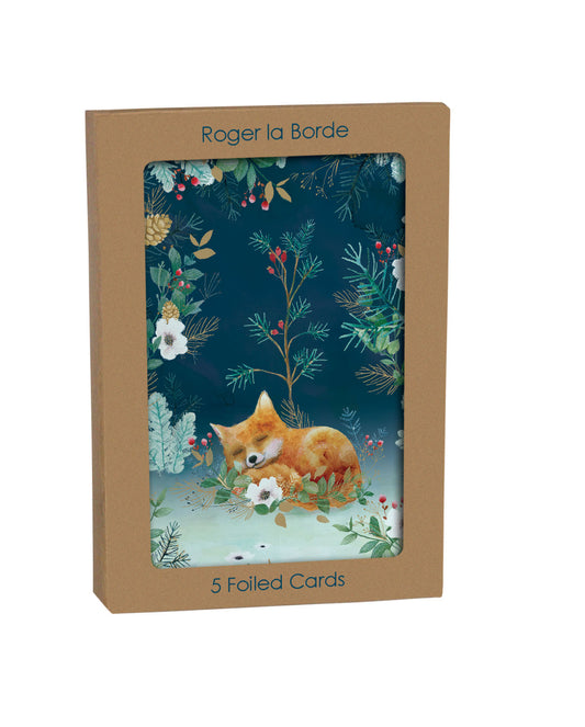 Little Fox Foiled Christmas Card Roger la Borde in Kraft Box 5 pack 170 x 120 mm