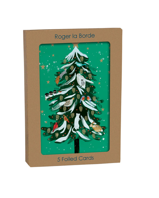 Woodland Conifer Foiled Christmas Card Roger la Borde in Kraft Box 5 pack 170 x 120 mm