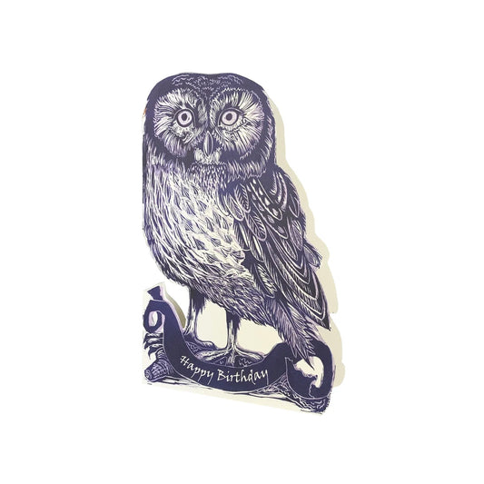 Tawny Owl Blue Birthday Judy Lumley Greetings Card from Lino Cut Designs with envelope