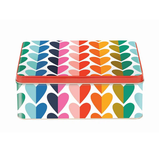 Kate Rhees Rainbow Hearts Deep Rectangular Tin 195 x 154 x 75mm