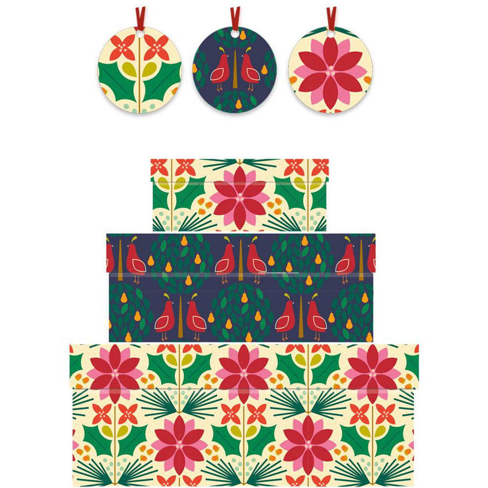 Kate Rees Poinsetta and Partridge Christmas Nest of 3 Boxes Size: small 165 x 50 x 110mm Medium: 230 x 90 x 165mm Large: 310 x 130 x 225mm