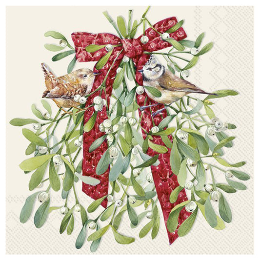 Birds in Mistetoe Cream CHristmas IHR Paper Table Lunch Napkins 33 cm square 3 ply