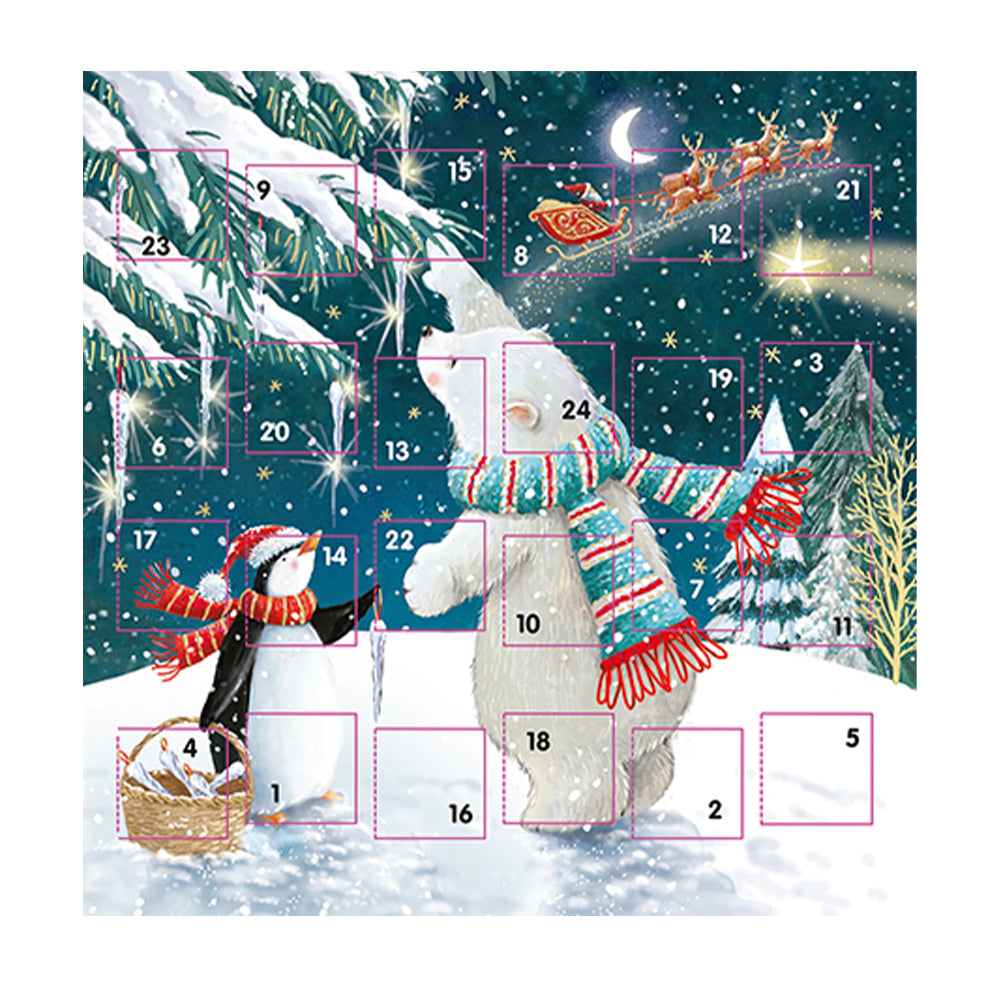 Polar Bear and Penguin Decorating the Tree Advent Calendar Card 159 x 159 mm white envelope