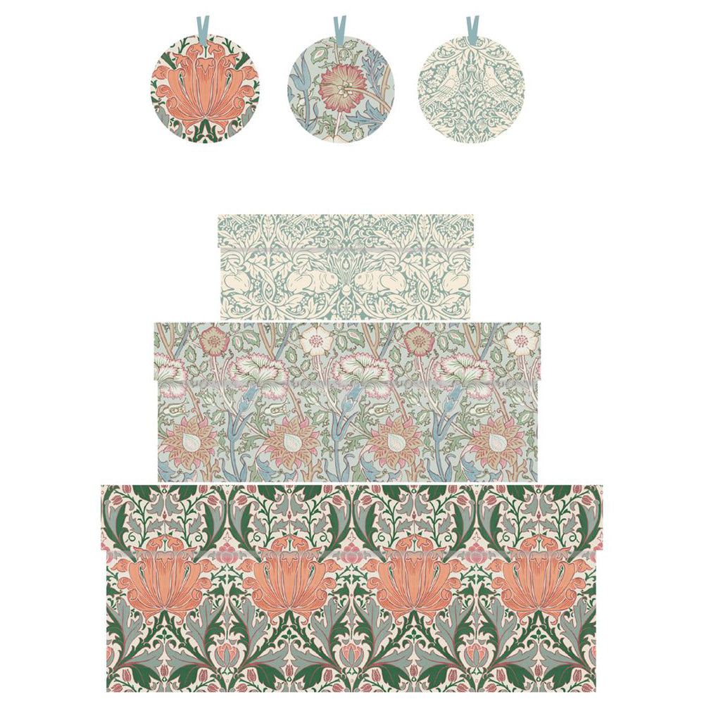 William Morris Pink & Rose Nest of 3 Boxes Size: small 165 x 50 x 110mm Medium: 230 x 90 x 165mm Large: 310 x 130 x 225mm