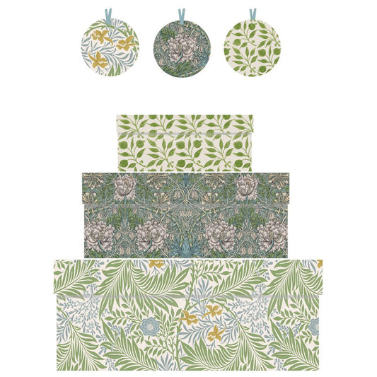 William Morris Honeysuckle and Tulip Nest of 3 Boxes Size: small 165 x 50 x 110mm Medium: 230 x 90 x 165mm Large: 310 x 130 x 225mm