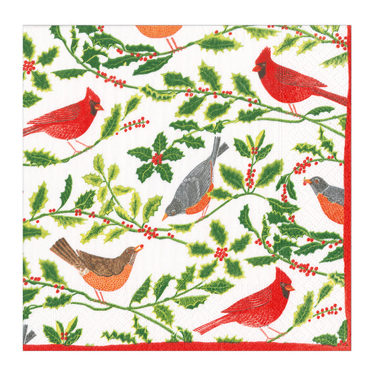 Songbirds and Holly White Caspari Paper Cocktail Napkins 25 cm 20 pack 3 ply