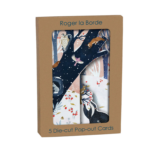 Snow Tree Animals Hollow Tree Tri fold Christmas Card 5 pack 90 x 140 mm with envelopes Roger la Borde