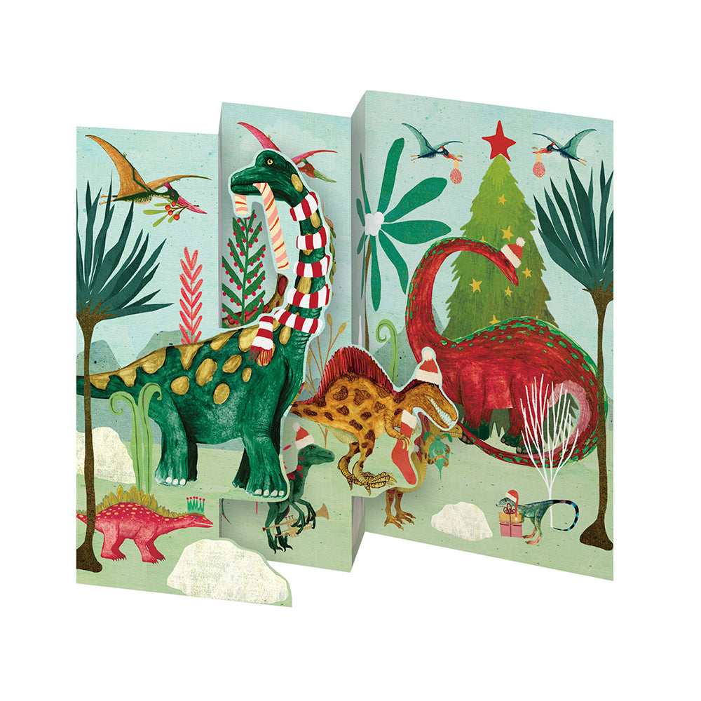 The Epoch Before Christmas Dinosaur Tri fold Christmas Card 5 pack 90 x 140 mm with envelopes Roger la Borde