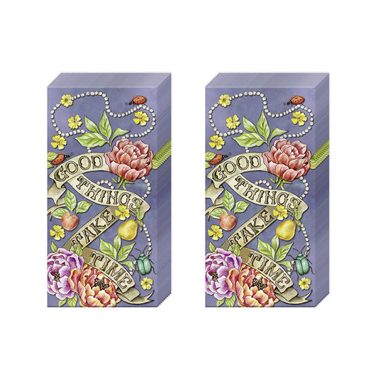 Roslyn Violet Good Things Take Time Floral IHR Paper Pocket Tissues - 2 packs of 10 tissues 21 cm square