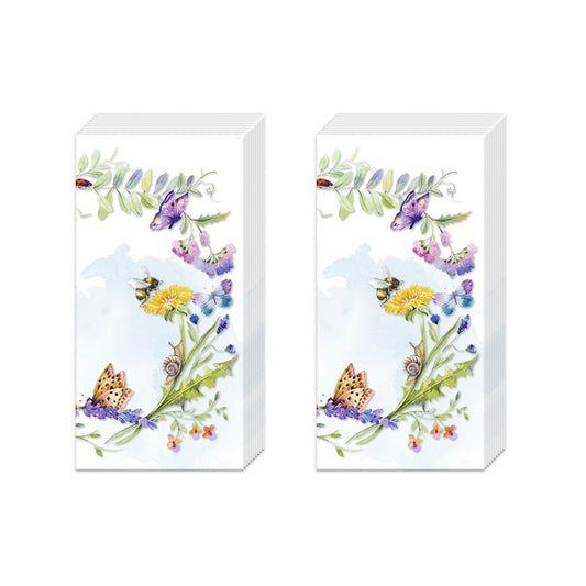 Spring Wreath Flowers Bee Butterfly IHR Paper Pocket Tissues - 2 packs of 10 tissues 21 cm square