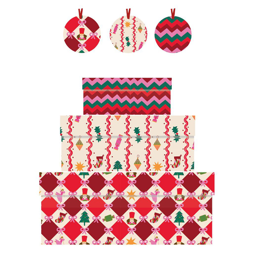 Raspberry Blossom Nutcracker Harlequin Nest of 3 Gift Boxes Size: small 165 x 50 x 110mm Medium: 230 x 90 x 165mm Large: 310 x 130 x 225mm