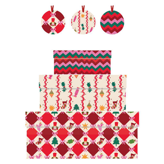 Raspberry Blossom Nutcracker Harlequin Nest of 3 Gift Boxes Size: small 165 x 50 x 110mm Medium: 230 x 90 x 165mm Large: 310 x 130 x 225mm