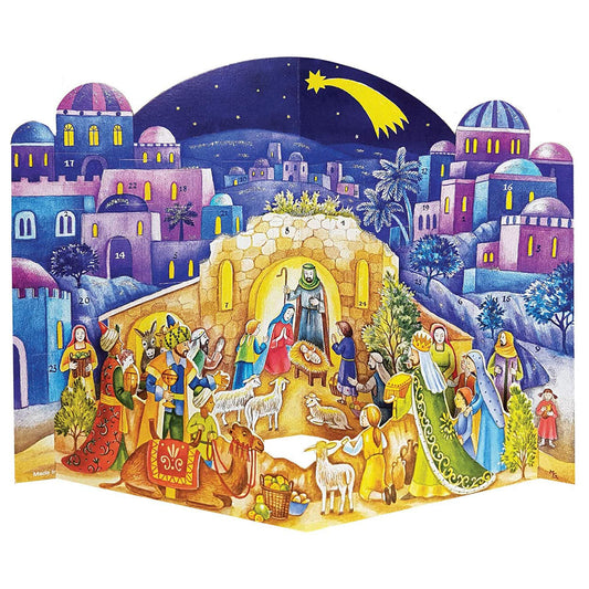 Nativity Blue Richard Sellmer Advent Calendar 370 x 265 mm Two Part Freestanding glitter translucent windows betlehem