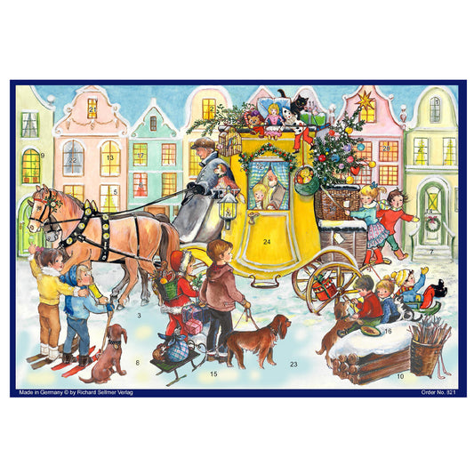 A stage coach full of gifts Sellmer Advent Calendar 297 x 210 mm Glitter and Translucent Windows