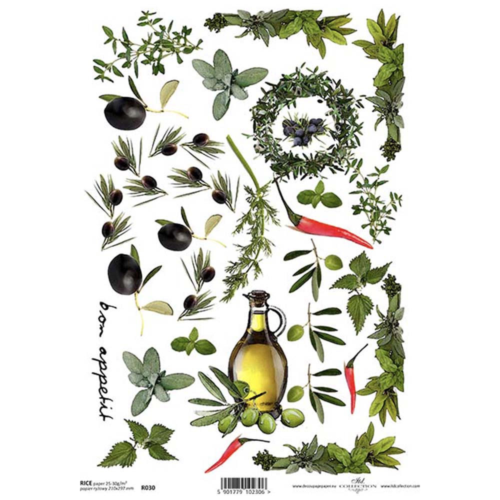 Olives, Chilli, Herbs and Olive Oil A4 ITD Rice Paper for Decoupage