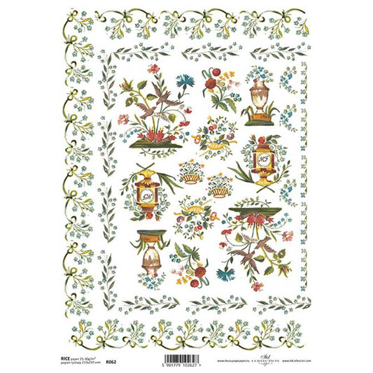 Decorative Flowers, Birds, Stone Vases and Flower Baskets A4 ITD Rice Paper for Decoupage