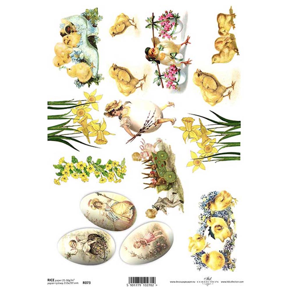 Easter Chicks and Daffodils A4 ITD Rice Paper for Decoupage