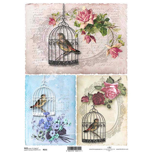 Bird Cages and Flowers A4 ITD Rice Paper for Decoupage