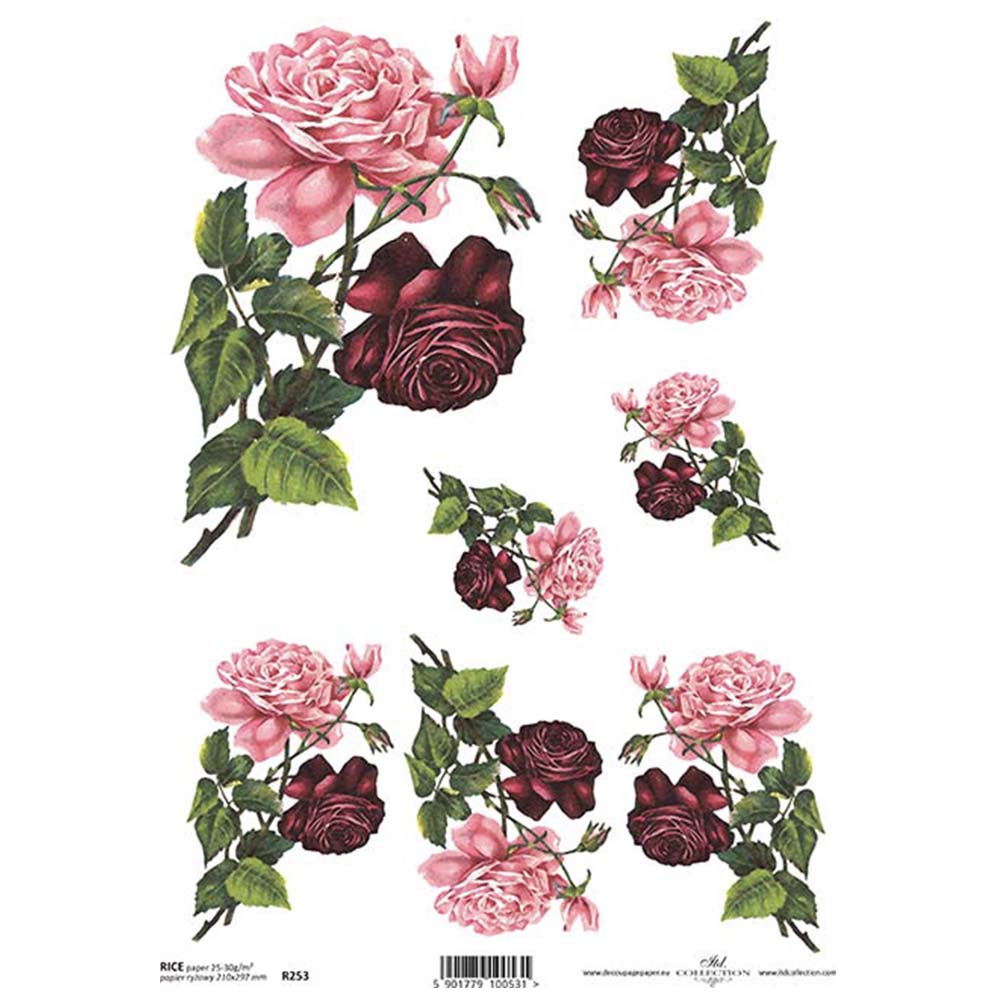 Pink Red Roses A4 ITD Rice Paper for Decoupage