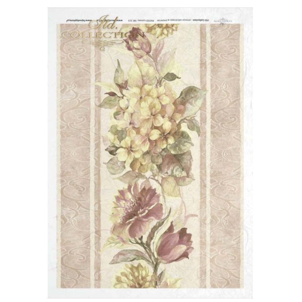 Vintage Flowers Cream and Lavender Stripe A4 ITD Rice Paper for Decoupage