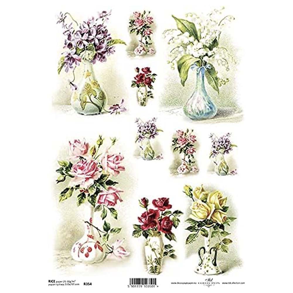 Multi-coloured Flowers in Vases A4 ITD Rice Paper for Decoupage