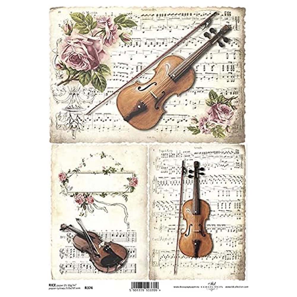 Violins, Musical Scores and Pink Flowers A4 ITD Rice Paper for Decoupage