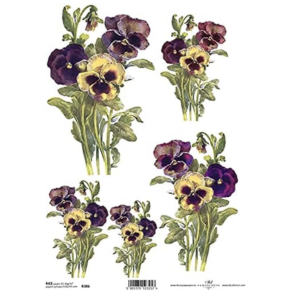 5 Bunches of  Purple and Yellow Pansies Flowers A4 ITD Rice Paper for Decoupage