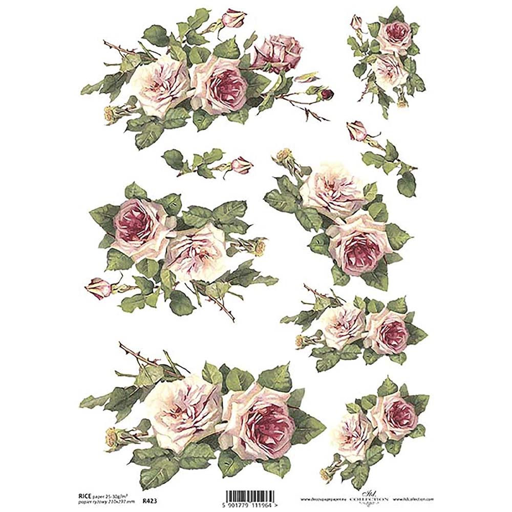 Pink Roses A4 ITD Rice Paper for Decoupage