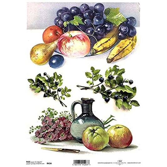 Bananas, Apples, Pear, Grapes, Flowers and Jug A4 ITD Rice Paper for Decoupage