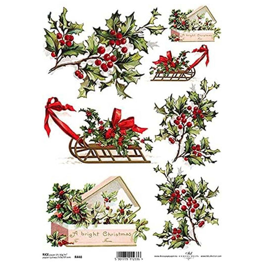 Christmas Holly Branches, Sleighs and Boxes A4 ITD Rice Paper for Decoupage