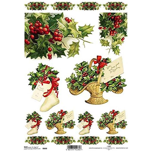 Christmas Holly in Stockings and Baskets Rice Paper A4 ITD Rice Paper for Decoupage