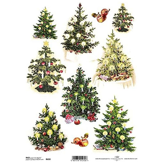 8 Differently Decorated Christmas Trees Rice Paper A4 ITD Rice Paper for Decoupage